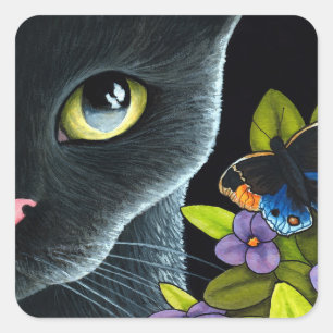 Sticker Carré Black Cat 557 Papillon bleu Fleurs
