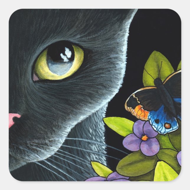 Sticker Carré Black Cat 557 Papillon bleu Fleurs (Devant)