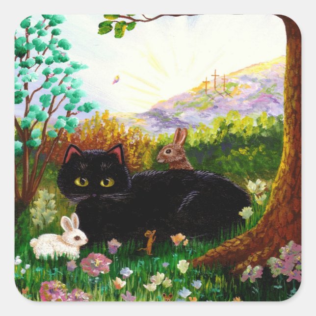 Sticker Carré Black Cat Christian Art Peinture Créationarts LRA (Devant)