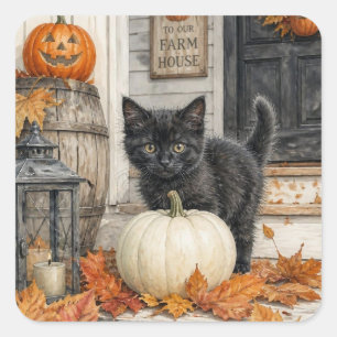 Sticker Carré Black Cat et Pumpkin Farmhouse Halloween