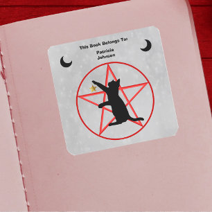 Sticker Carré Black Cat Gold Star Black Crescent Moons Pentagram