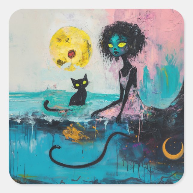 Sticker Carré Black Cat Moon Ocean Rose Magique Witchy AI Art (Devant)