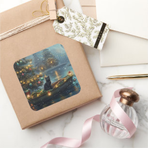 Sticker Carré Black Cat Noël Festive Voyage