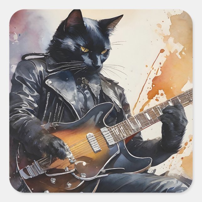 Sticker Carré Black Cat Rock Star Jouer Guitare Veste en cuir (Devant)