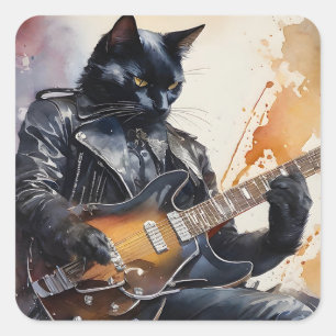 Sticker Carré Black Cat Rock Star Jouer Guitare Veste en cuir