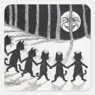 Sticker Carré Black Cats Meeting the Moon par Louis Wain