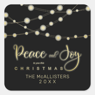 Sticker Carré Black Christmas Light Paix & Joy Whimsical Script