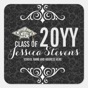 Sticker Carré Black Damasks Faux Damions Graduation Hat 2b