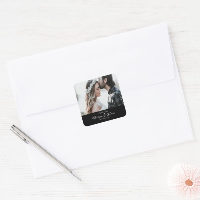 Sticker Carré Black Elegant Calligraphie Photo Mariage Merci (Enveloppe)