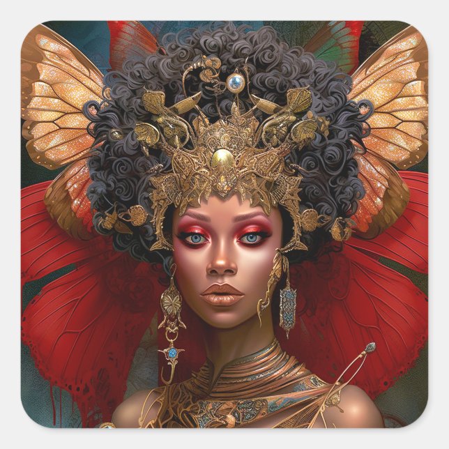 Sticker Carré Black Fairy Queen Red Gold Fairy Imaginaire Art (Devant)