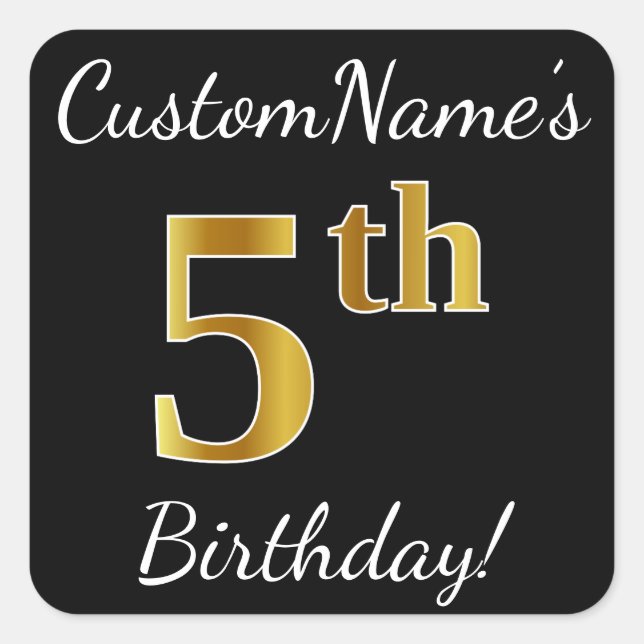 Sticker Carré Black, Faux Gold 5e anniversaire + Nom personnalis (Devant)