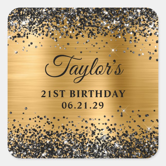Sticker Carré Black Glitter Gold Foil 21st Birthday (Devant)