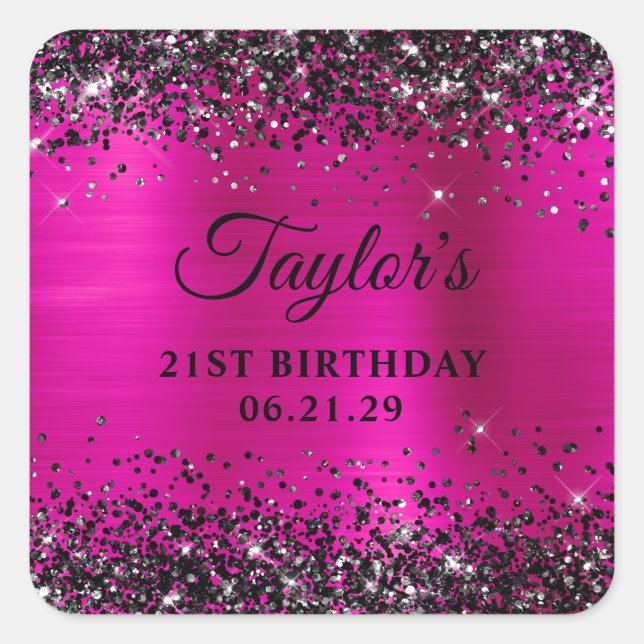 Sticker Carré Black Glitter Hot Pink Foil 21st Birthday (Devant)