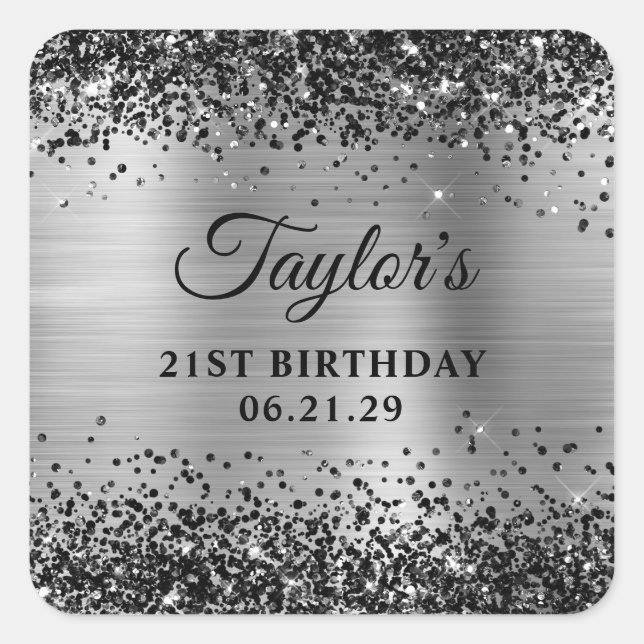 Sticker Carré Black Glitter Silver Foil 21st Birthday (Devant)