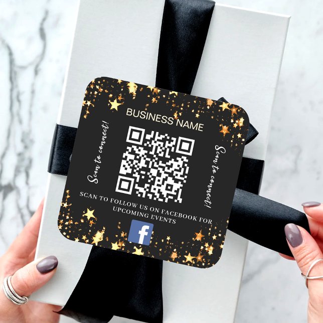 Sticker Carré Black gold stars nom commercial qr code Facebook (Créateur téléchargé)