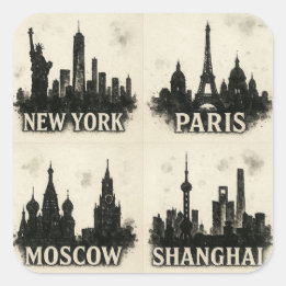 Sticker Carré Black Ink City Skylines - New York, Paris, Moscou