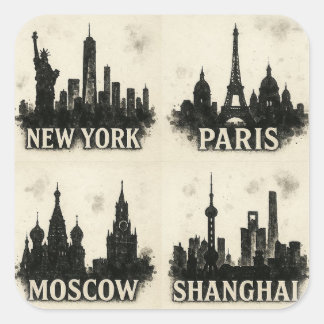 Sticker Carré Black Ink City Skylines - New York, Paris, Moscou