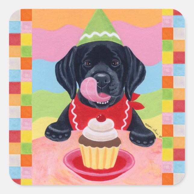 Sticker Carré Black Lab Chiot Anniversaire Cupcake Peinture (Devant)