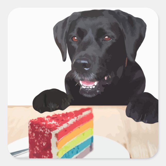 Sticker Carré Black Lab Rainbow Cake Chien fête d'anniversaire (Devant)