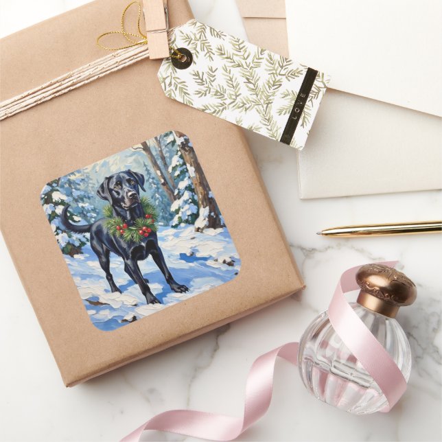 Sticker Carré Black Lab Serene Winter Forest Christmas Holiday (Cadeaux)