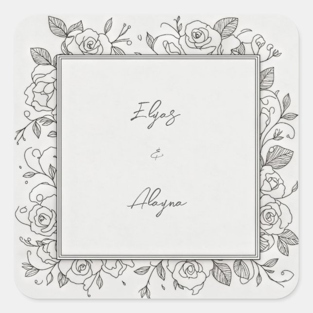 Sticker Carré Black Line Minimalist Rose Frame Wedding (Devant)