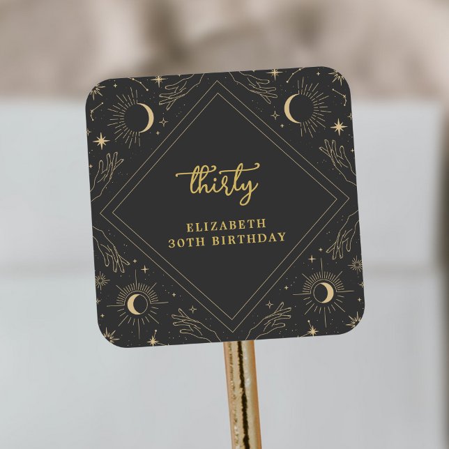 Sticker Carré Black Mystic Horoscope Lune Enveloppe Anniversaire (Black Mystic Horoscope Moon Birthday Envelope Square Sticker)