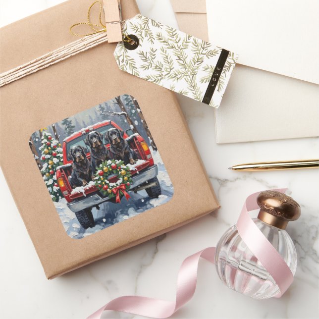 Sticker Carré Black Newfoundland Christmas Red Truck Holiday (Cadeaux)