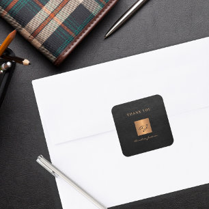 Sticker Carré Black or élégant nom monogramme merci