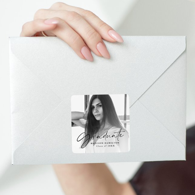 Sticker Carré Black Stylish Script Photo Graduation (Créateur téléchargé)