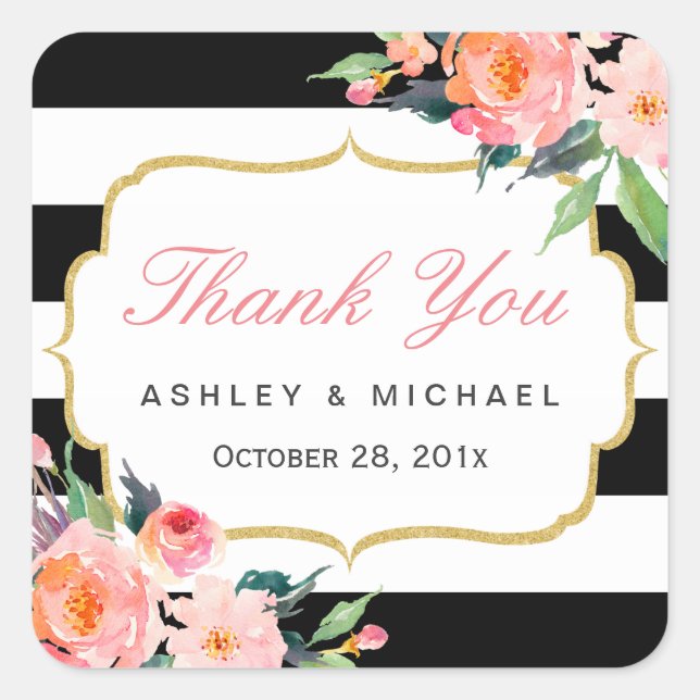 Sticker Carré Black White Stripes Floral Wedding Favor Merci (Devant)