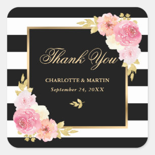 Sticker Carré Black White Stripes Or Floral Mariage Merci