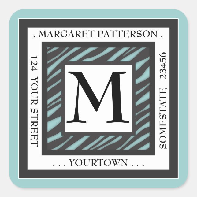 Sticker Carré Black & White Turquoise Zebra Monogram Adresse du  (Devant)