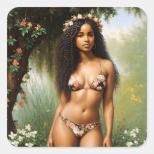 Sticker Carré Black Woman Bikini Modèle beauté florale