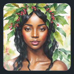 Sticker Carré Black Woman Christmas Holly Aquarelle Art<br><div class="desc">Cette aquarelle sur le thème des vacances présente une belle femme noire portant une couronne botanique de plantes saints aux baies. Une image de Noël unique en vert, rouge et blanc, parfaite pour la saison des fêtes ! La beauté à la peau brune est orientée vers l'avant avec un regard...</div>