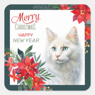 Sticker Carré Blanc Angora Chat Poinsettia Frontière Noël