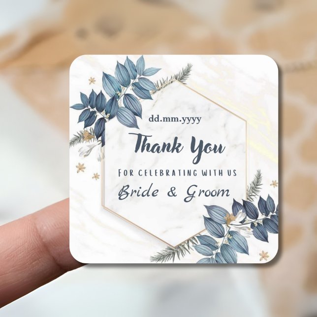 Sticker Carré Blanc Bleu Floral Merci mariage Faveurs (Créateur téléchargé)