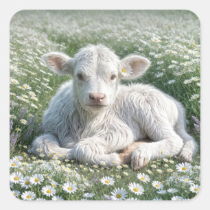 Sticker Carré Blanc Écossais Haut-Calf Dans Le pré De Daisy