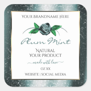 Sticker Carré Blanc floral avec Parties scintillant Turquoise fo