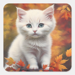 Sticker Carré Blanc Kitten Automne Feuilles Portrait