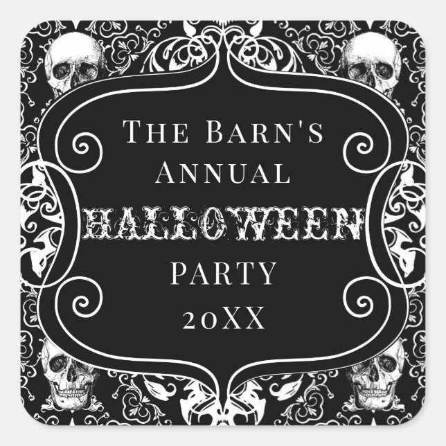 Sticker Carré Blanc Noir Halloween Damask Crâne Gothique Personn (Devant)