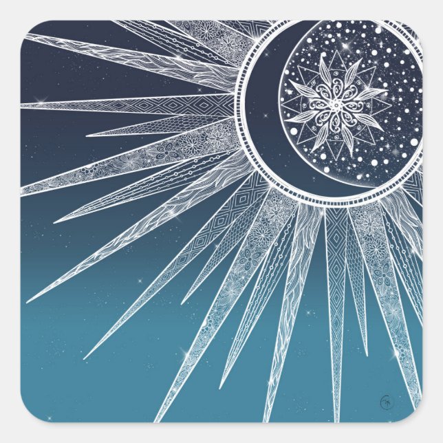 Sticker Carré Blanc Sun Moon Mandala Blue Gradient Design (Devant)