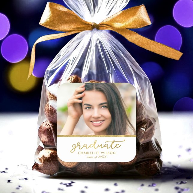 Sticker Carré Blancs et Gold Photo Graduate Graduate (Créateur téléchargé)