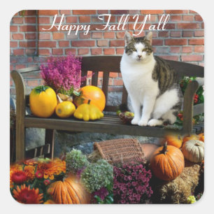 Sticker Carré Blancs Tabby Chat automne saison / Happy Fall Y'al