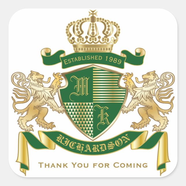 Sticker Carré Blason de la Monogramme Merci Vert Or Lion (Devant)