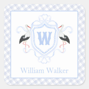 Sticker Carré Blason de monogramme à carreaux bleu aquarelle de