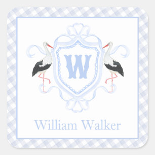 Sticker Carré Blason de monogramme à carreaux cigogne bleu aquar