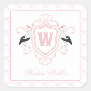 Sticker Carré Blason de monogramme d'arc de cigogne rose aquarel