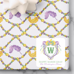 Sticker Carré Blason de monogramme Mardi Gras à l'aquarelle