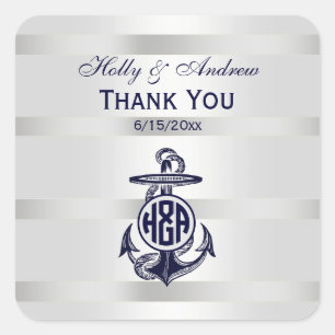 Sticker Carré Bleu Ancre Argent Blanc Marine Monogramme 33