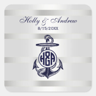 Sticker Carré Bleu Ancre Argent Blanc Marine Monogramme 33